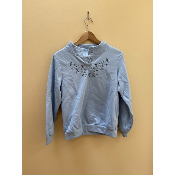 Vintage Blair Blue Grandma Sweater Sweatshirt Embroidered Flowers Small Buttons - Picture 1 of 5